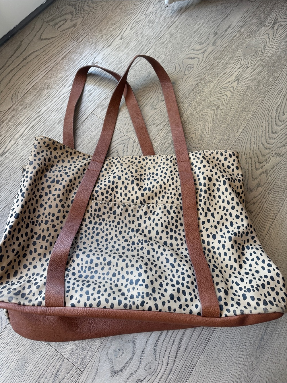 Leopard Print Canvas Tote Bag with Brown Trim